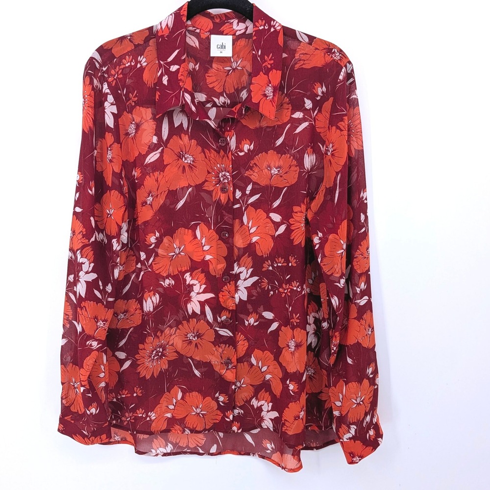 Cabi Button Up Blouse Women Medium Red Floral Sheer Long Sleeve Collared 3766